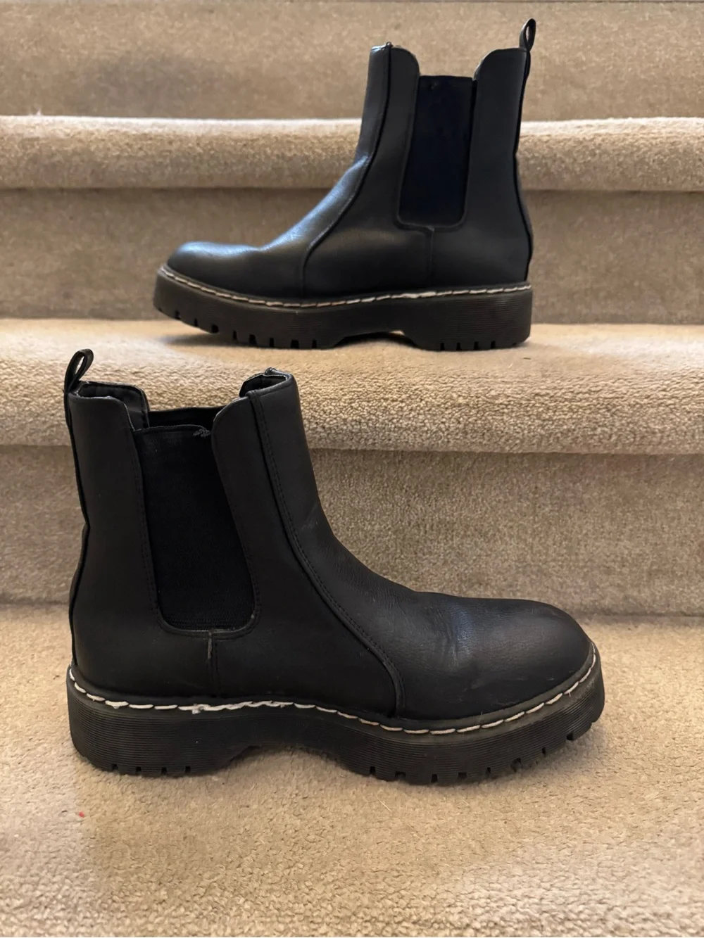 Simply Jules Women's Black Chelsea Lug Booties with Stitch-Trim Sole